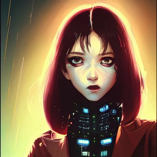 Image similar to a comic potrait of a cyberpunk cyborg girl with big and cute eyes, fine - face, realistic shaded perfect face, fine details. night setting. very anime style. realistic shaded lighting poster by ilya kuvshinov katsuhiro, magali villeneuve, artgerm, jeremy lipkin and michael garmash, rob rey and kentaro miura style, trending on art station