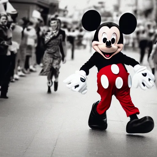 Image similar to Mickey mouse running through town scaring people, realistic, photograph