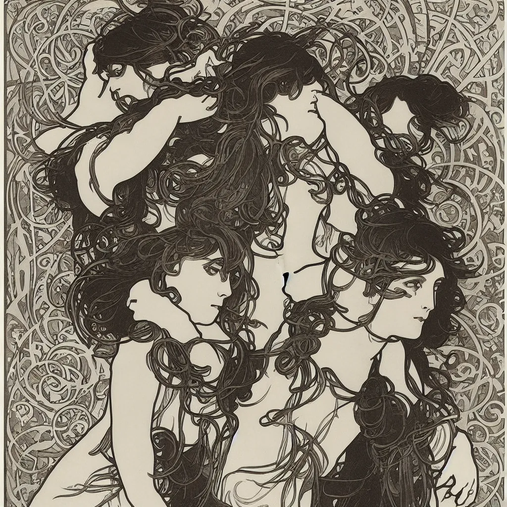 Image similar to monochromatic engraving by alphonse mucha and gustave klint