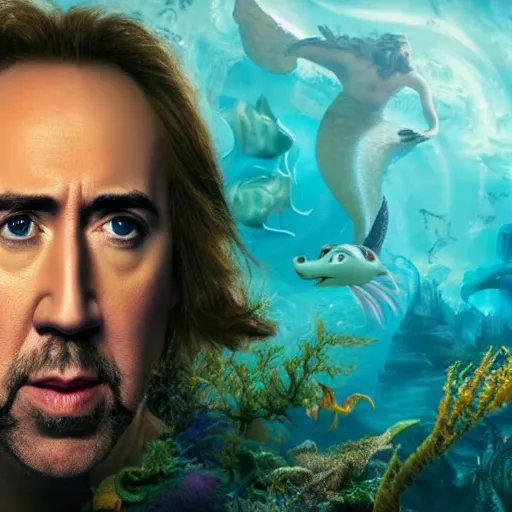 Prompt: nicholas cage starring in the little mermaid, fairy tale, stunning, surrounding cinematic light, hyper detailed, ornate and intricate, 4 k cinematic octane render