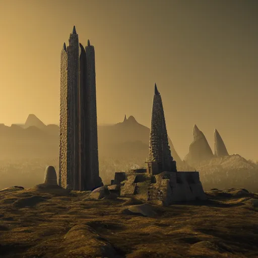 Image similar to a gigantic brutalist ancient tower, a detailed structure with at the top 3 spires in form of a trident, 6 0 0 hundred meters tall set against sunlit, all surrounded by smoke, mountains and a huge old city, vray render 4 k, octane render 8 k, art station, ultra realistic, cinematic composition, style of weta, in the style of ilm