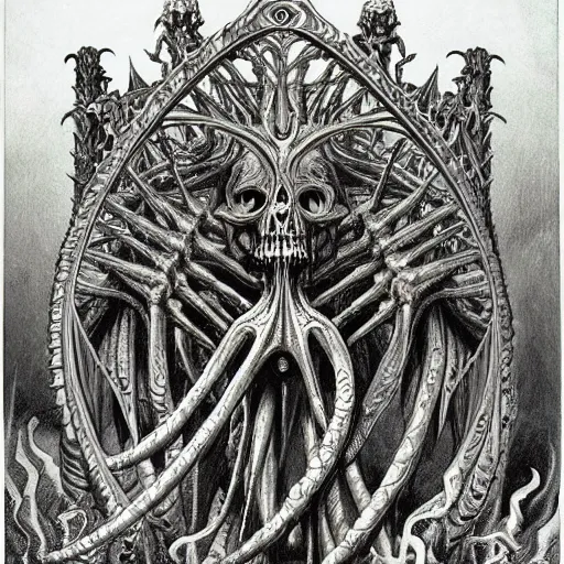 Prompt: cthulhu death's gate of hell, highly detailed, skeletons, steles, lava, swords, intricate art of boris vallejo and ernst haeckel, neo - gothic, gothic