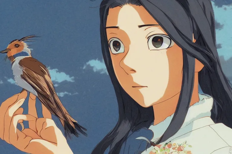 Image similar to young pretty girl holding a bird in her hands, looking touched, Fragile looking character portrait , beautiful scene; highly detailed art, by Studio Ghibli , High contrast, anime art