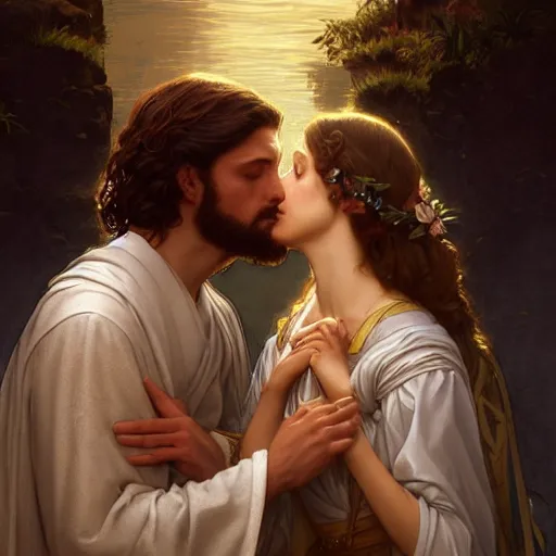 Image similar to jesus kissing a maria maddalena, intricate, elegant, highly detailed, digital painting, artstation, concept art, matte, sharp focus, illustration, art by artgerm and greg rutkowski and alphonse mucha