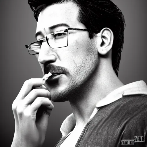 Image similar to a closeup photo of handsome gigachad markiplier smoking a cigar, 8k photorealism, extremly detailed, trending on artstation