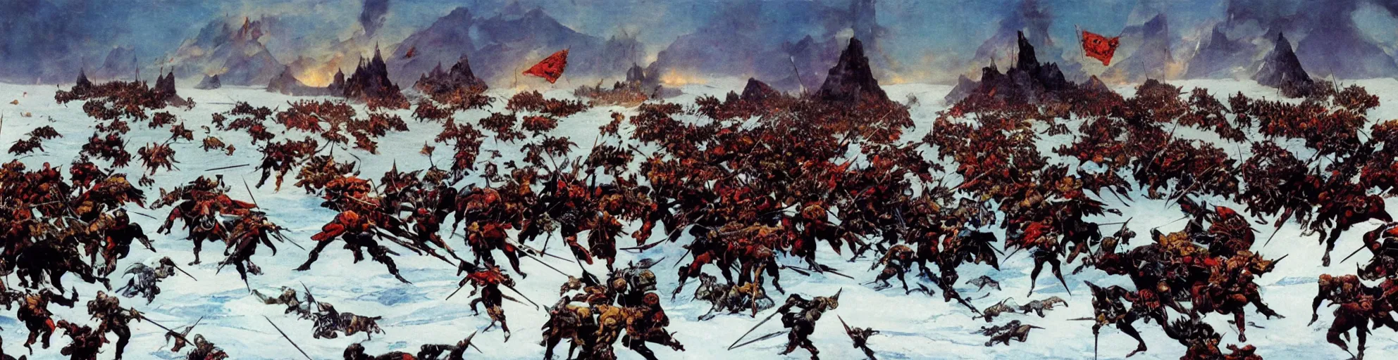 Prompt: panoramic battle of the knights on the frozen lake by Frazetta