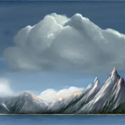 Prompt: Mountain, cloud ring at the tip, large, beautiful painting, digital art, illustration