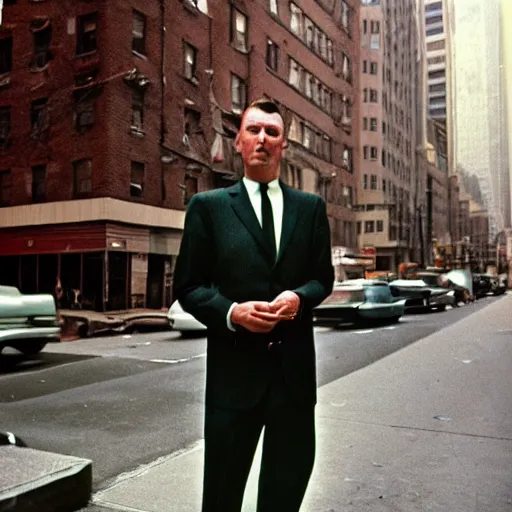 Image similar to portrait of a man in a suit in the streets of new york, 1 9 6 0 s, photo taken with ektachrome, featured on flickr, photographed on expired film