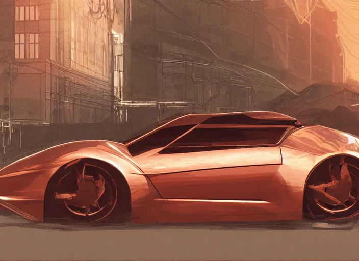 Image similar to copper color paint car designed by dmc and gmc, concept art style by john berky and liam wong and michael whelan.