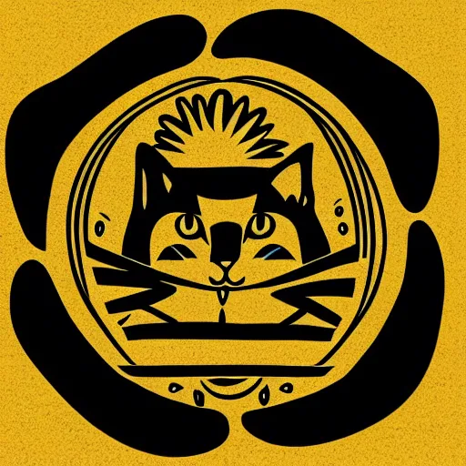 Image similar to tattoo sketch of a cat hugging the sun, on a yellow paper, maori ornament, minimalism, vector