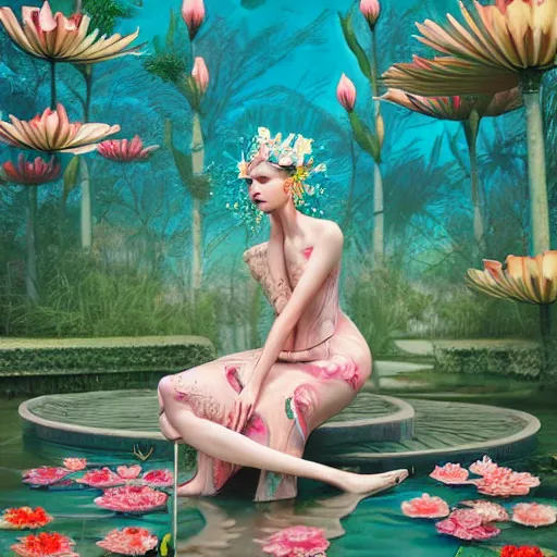 Image similar to pretty model with water lilies : : by martine johanna and simon stalenhag and chie yoshii and casey weldon and wlop : : ornate, dynamic, particulate, rich colors, intricate, elegant, highly detailed, vogue, harper's bazaar art, fashion magazine, smooth, sharp focus, 8 k, octane render