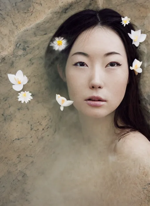 Image similar to Kodak Portra 400, 8K, soft light, volumetric lighting, highly detailed, Kasumi Arimura style 3/4 ,portrait photo of Japanese princess, the face emerges from a thermal water flowing down gold travertine terraces, with lotus flowers, inspired by Ophelia paint , a beautiful luxurious royal suit, intricate hair with highly detailed realistic beautiful flowers , Realistic, Refined, Highly Detailed, ethereal lighting colors scheme, outdoor fine art photography, Hyper realistic, photo realistic