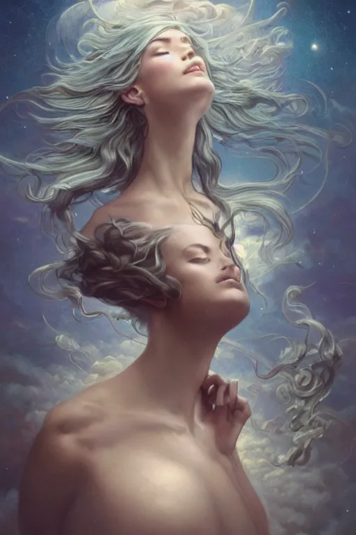 Image similar to wind blowing hair meditation celestial being, dreaming and floating, bust portrait, dnd, fantasy, intricate, elegant, highly detailed, digital painting, artstation, concept art, smooth, sharp focus, illustration, art by artgerm and tom bagshaw and greg rutkowski and alphonse mucha