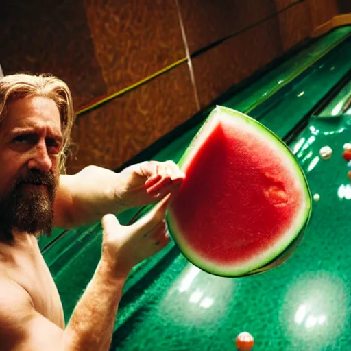 Image similar to big lebowski throwing watermelon in bowling alley, cinematic action still, award winning professional food photography