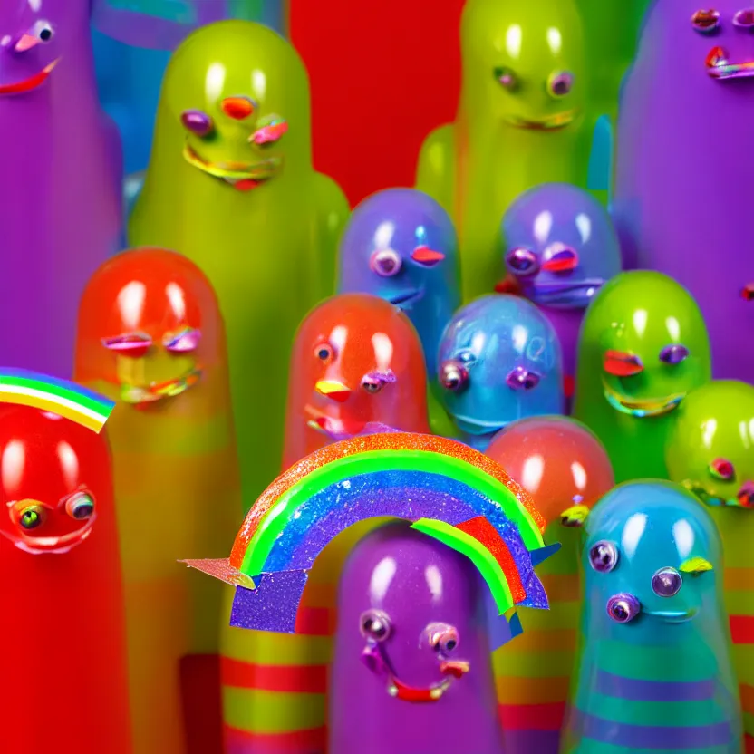 Image similar to photo of rainbow cellophane tape creatures inside a bathroom, hdr, high - quality, highly detailed, 1 6 k