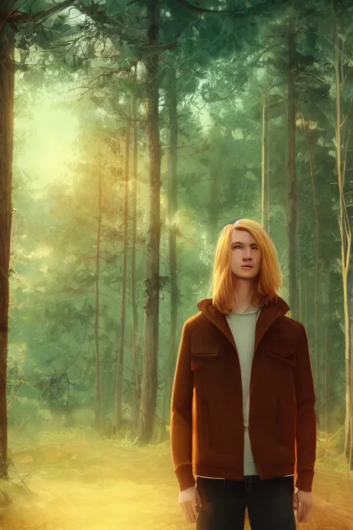 Image similar to pretty young man with long golden blond hair, demure, slender, trees, detailed forest background, webtoon, breathtaking scenery, colourful, 8 k, graphic novel, digital art trending on artstation, volumetric lighting, octane render, cinematic, hyper detailed, magical atmosphere