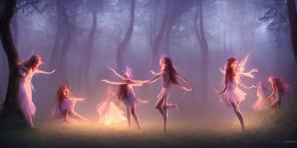 Image similar to masterpiece ephemeral elven girls dancing in the woods at dusk, by rossdraws, majestic, volumetric lighting, porcelain skin, photorealistic, intricate, trending on artstation 8 k