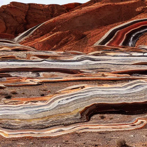 Image similar to a desolate arid landscape with pillars of banded agate reaching the sky