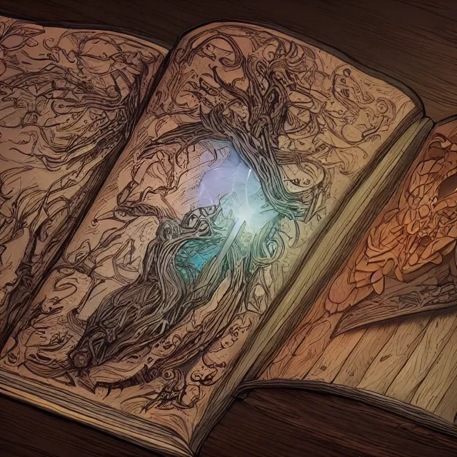 Image similar to a glowing open book laying on a wooden desk, fantasy concept art, fantasy book cover, highly detailed, intricate drawing