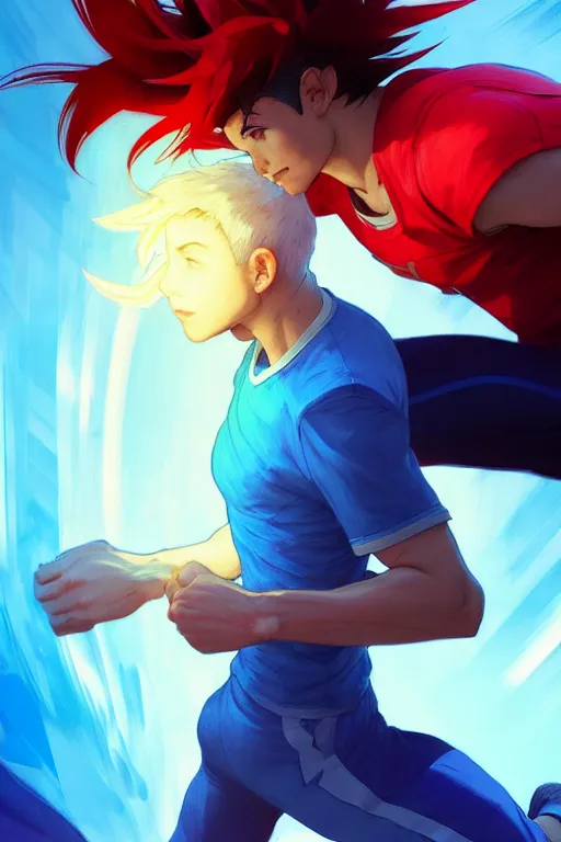 Image similar to clear portrait of adventurous boy with blue hair, slightly spikey hair, red running shoes, fast runner, background hyper detailed, character concept, full body, dynamic pose, glowing lights!! intricate, elegant, highly detailed, digital painting, artstation, concept art, smooth, sharp focus, illustration, art by artgerm and greg rutkowski and alphonse mucha