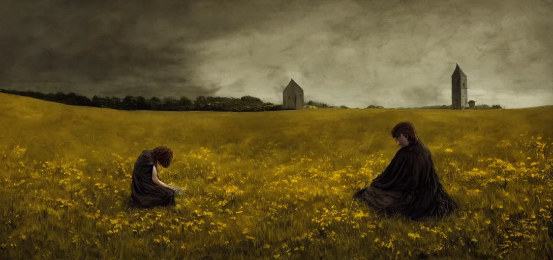 Prompt: Andrew Wyeth, dark souls vibe, woman sitting in grass on her knees, cows far in the background, field of yellow-brown grass, church in the bakground, gloomy atmosphere, octane rendered