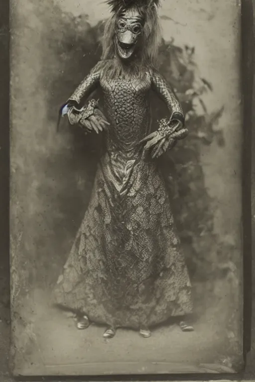 Image similar to a wet plate photo of an anthropomorphic snake dressed for the kings court