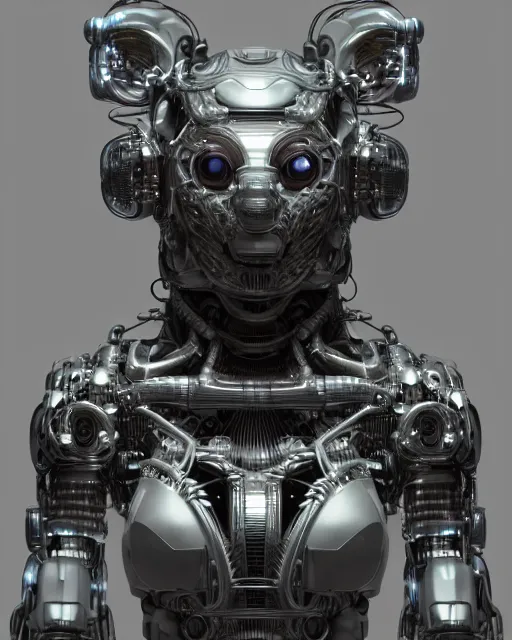 Image similar to potrait complex 3 d render hyper detail portrait of a mechanical bear cyborg, sci fi, full body, intricate, art by kazuhiko nakamura and hajime sorayama, 8 k octane detailed render, post - processing, extremely hyperdetailed, intricate futuristic mechanic parts, maya, dark background, sharp focus, blender, cinematic lighting + masterpiece, trending on artstation