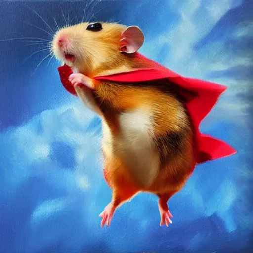 Image similar to a hyper realistic oil painting of a hamster dressed as a superhero and flying through the sky