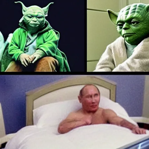 Image similar to putin sleeping in bed next to yoda