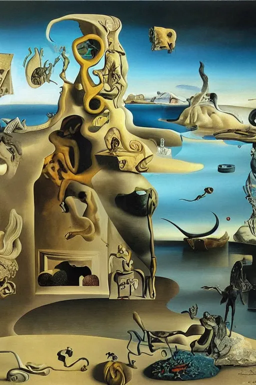Image similar to surrealist painting by dali full of subtle hints, mystic characters and misleading perspectives, ultrastation hq, 8 l, hyperrealistic, very highly detailed