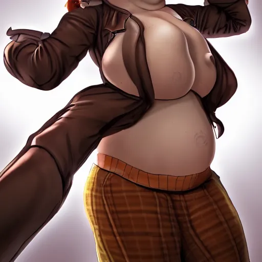 Prompt: redhead steampunk scientist's body is accidentally inflated huge and round by and experiment gone wrong. her clothes are stretched tightly around her and she's about to burst. photorealistic full body image