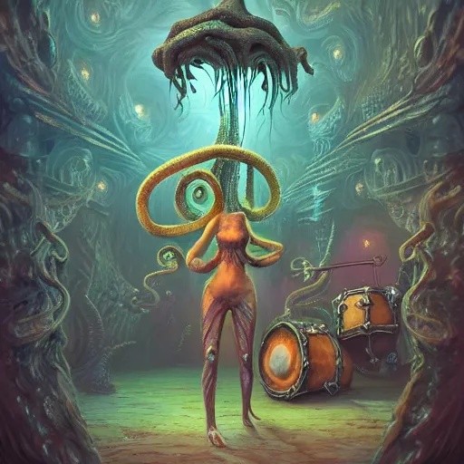 Image similar to dystopian fantasy undersea rock concert. On stage, the drummer is Cthulhu squid woman with tentacles playing a big rock&roll drum kit, by Philipp A. Urlich and Pengzhen Zhang an Andreas Rocha, fantasy, intricate, elegant, highly detailed, digital painting, artstation, blender, unreal engine 5, octane render, smooth, sharp focus, illustration