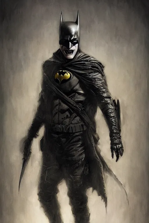 Image similar to Portrait of Robert Pattinson as The Batman Who Laughs, dc comics, dark, intricate, highly detailed, smooth, artstation, digital illustration by Ruan Jia and Mandy Jurgens and Artgerm and Wayne Barlowe and Greg Rutkowski and Zdislav Beksinski