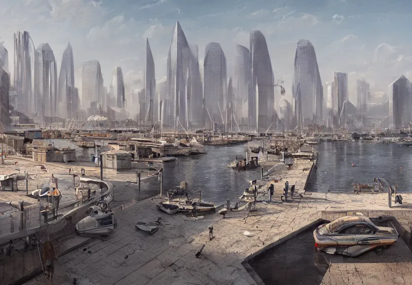 Image similar to a modern harbor with a concrete dock and a storage facility, european city skyline, summer season, very hot, dry desert, large sun in sky, architecture, a realistic digital painting by greg rutkowski and james gurney, trending on artstation, highly detailed