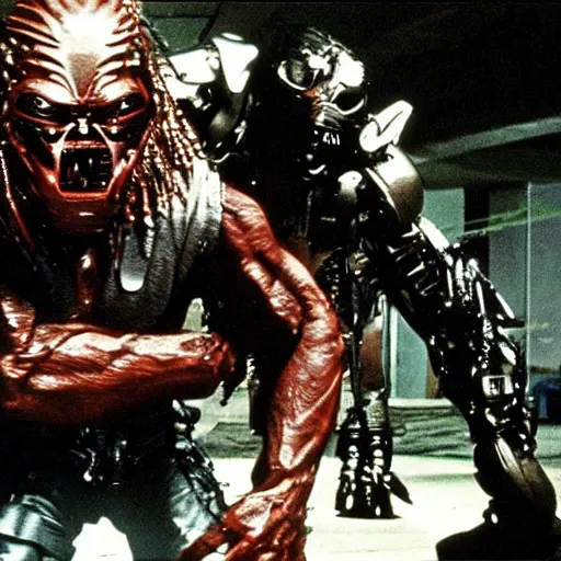 Image similar to a movie still of predator fighting the terminator