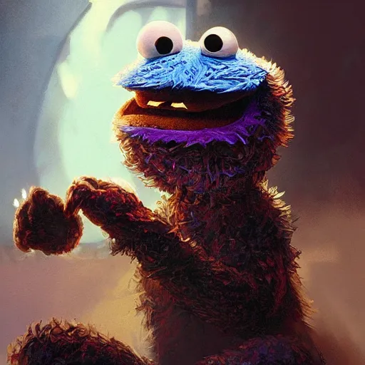 Image similar to ultra realistic illustration, cookie monster from sesame street, intricate, elegant, highly detailed, digital painting, artstation, concept art, smooth, sharp focus, illustration, art by artgerm and greg rutkowski and alphonse mucha