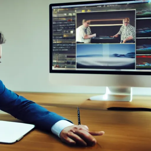 Prompt: photorealistic still shot of a man at a desk in front of computer. bugs are crawling on the desk