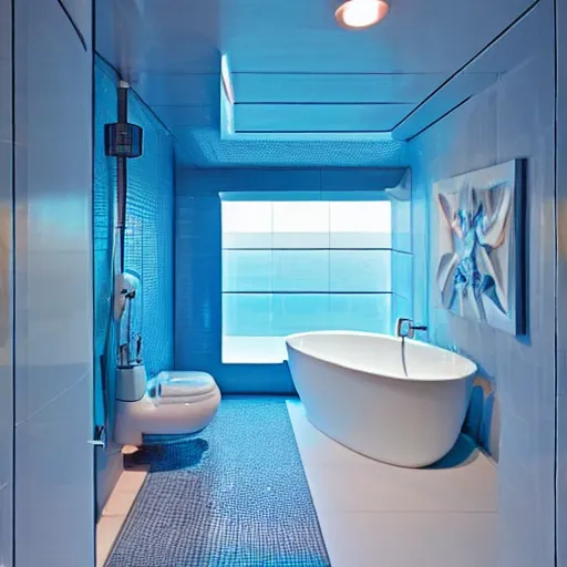 Image similar to big futuristic blue bathroom inside a spaceship startrek interior style. with a swimming pool