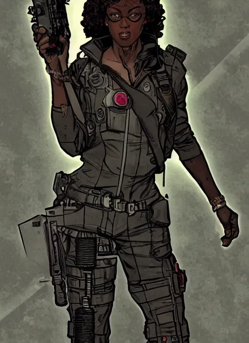 Prompt: misty knight. cyberpunk assassin in military vest and jumpsuit. portrait by ashley wood and alphonse mucha and laurie greasley and josan gonzalez. illustration, pop art, cinematic. realistic proportions. moody industrial setting. artstationhq. smooth. sharp focus.