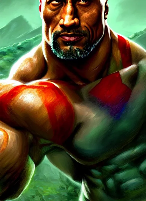 Image similar to ! dream portrait of aggressive dwayne johnson as kratos, d & d, muscular! green, fantasy, intricate, elegant, highly detailed, digital painting, artstation, concept art, smooth, sharp focus, illustration, art by artgerm and greg rutkowski and alphonse mucha