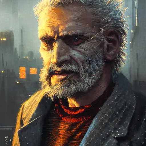 Image similar to cyberpunk, closeup portrait of a shaggy old cyberpunk fence, crooked teeth, bald, tired eyes, tattered tweed jacket, dramatic light, city background, sunset, dystopian setting, high contrast, sharp, neuromancer, the finn, painted by stanley lau, painted by greg rutkowski, painted by stanley artgerm, digital art, trending on artstation