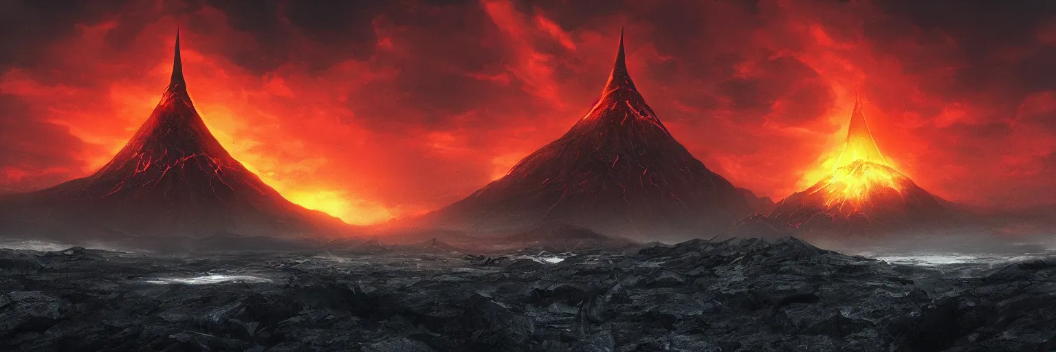 Prompt: Mordor with the mount doom and eye of Sauron tower, landscape, sharp focus, sky artwork, digital art, artstation