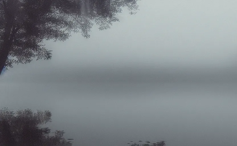 Image similar to low angle camera lens is just above the water surface of a lake, scene from a film directed by charlie kaufman ( 2 0 0 1 ), foggy volumetric light morning, extremely moody, cinematic trending on artstation in the style of greg rutkowski