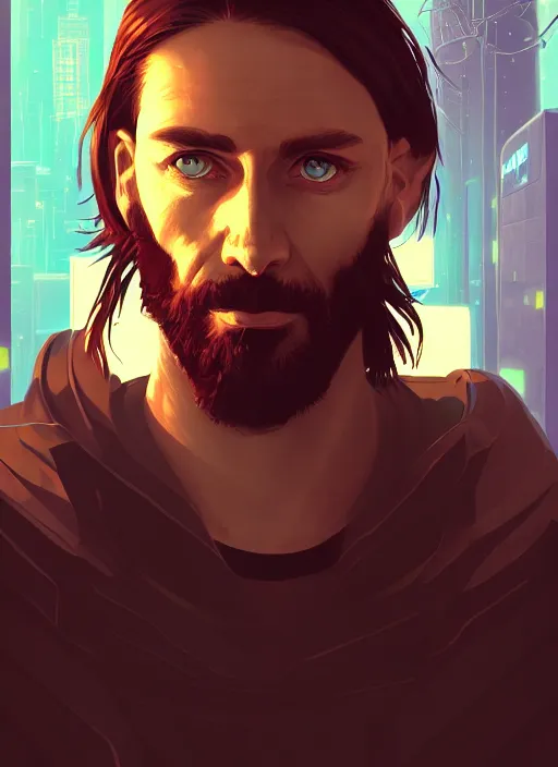 Image similar to « a portrait of a cyberpunk jesus, a character portrait by paul kelpe, reddit contest winner, sots art, ilya kuvshinov, 2 d game art, parallax »