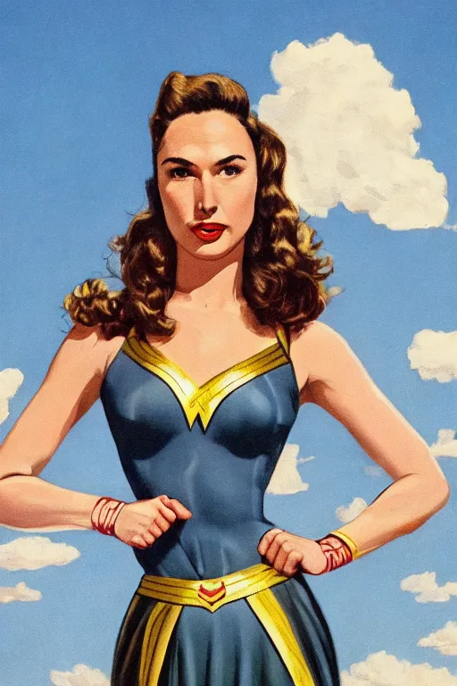 Image similar to full body portrait of gal gadot in the style of bill medcalf, blue sky with a few clouds, retro, 1 9 5 0, 4 k, detailed, 1 / 3 headroom, rule of thirds