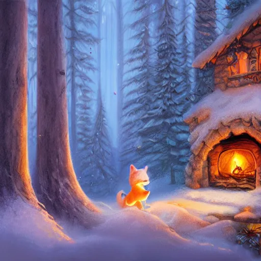 Image similar to a cartoonish big wolf is inside the chimney of a house in a mystical forest full of wonders, warm lighting, magical atmosphere, trending on artstation, 30mm, by Evgeny Lushpin trending on ArtStation, deviantart, high detail, stylized portrait