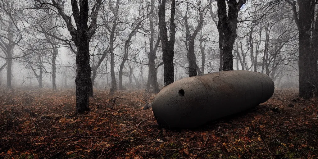 Image similar to abandoned soviet nuclear bomb in the woods, around everlasting darkness, atmospheric, wide shot, high definition, high detail, foreboding, artstation, foggy