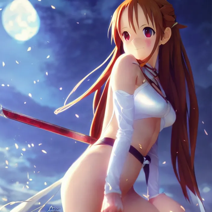 Image similar to very beautifu photo of asuna from sao, asuna by a - 1 pictures, by greg rutkowski, gil elvgren, enoch bolles, glossy skin, pearlescent, anime, maxim magazine, very coherent, mega detailed, 3 d render