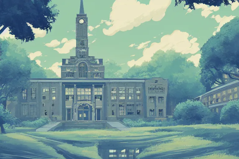 Prompt: University of Michigan in Ann Arbor, ghibli style, illustration, azure tones, vintage colors, trending on artstation