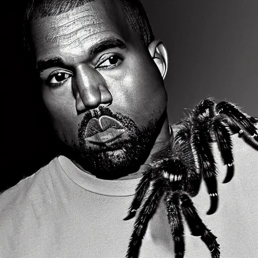 Prompt: kanye is a giant tarantula black and white photo